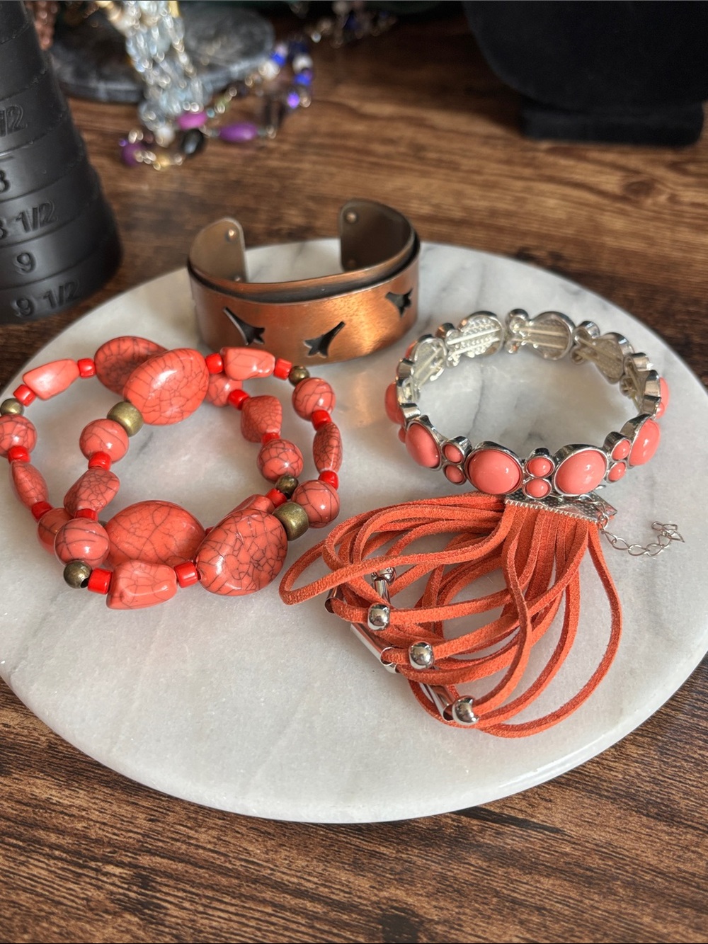 Coral Orange Women's Bracelet Set with Tassel and Beaded Accents